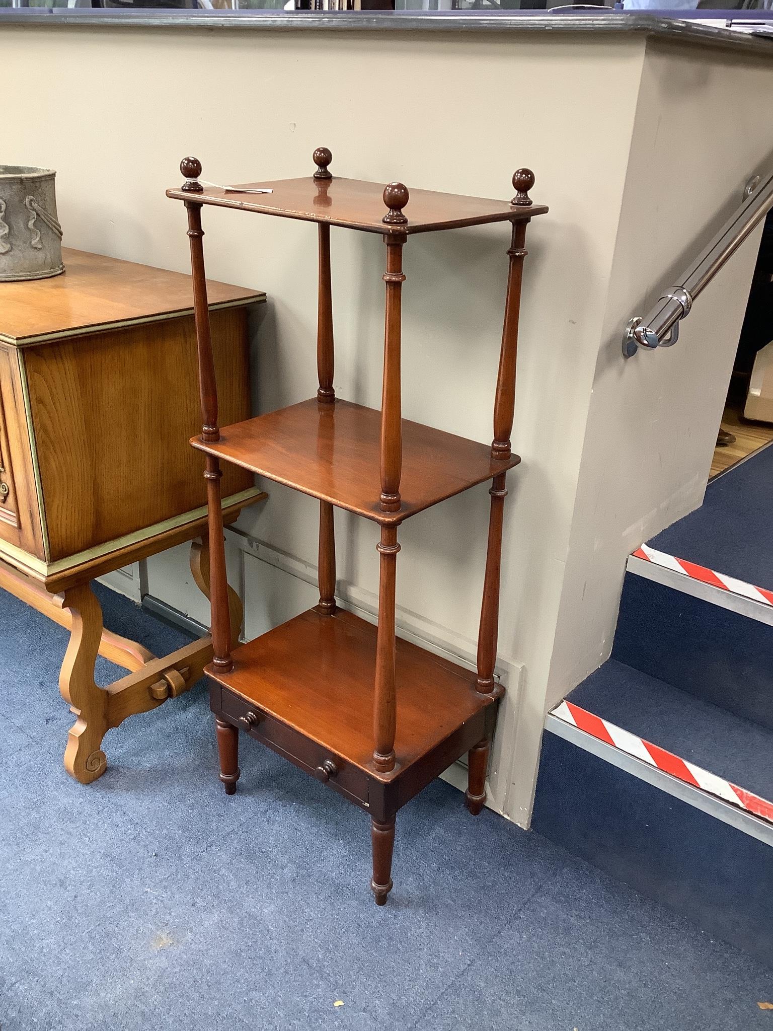 A Victorian mahogany three tier whatnot, width 45cm, depth 33cm, height 118cm